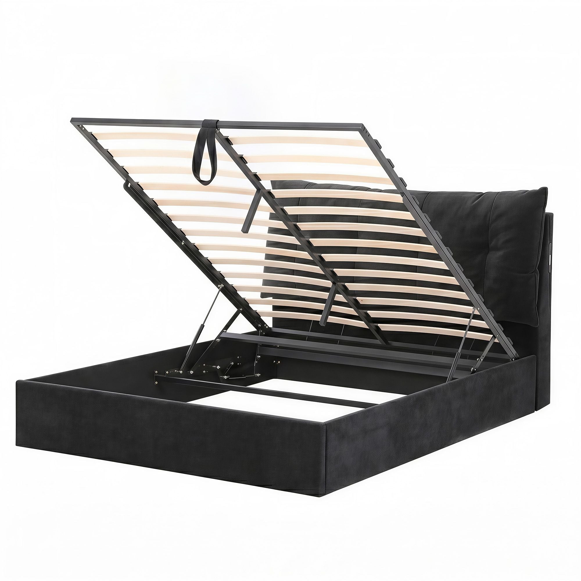 Artiss Queen Bed Frame with Horizontal Gas Lift Storage with LED Light USB Type-C Charging Station Black BFRAME-H-HYDE-Q-BK-ABCD