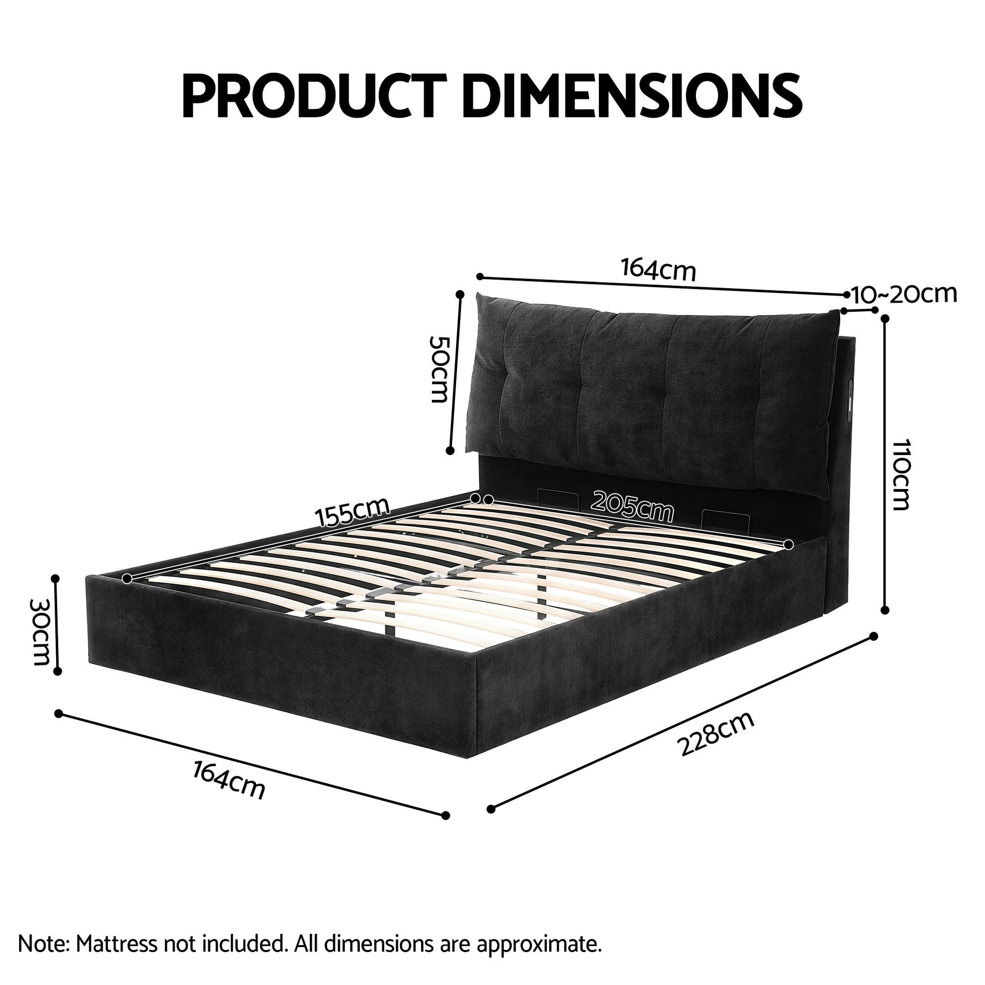 Artiss Queen Bed Frame with Horizontal Gas Lift Storage with LED Light USB Type-C Charging Station Black BFRAME-H-HYDE-Q-BK-ABCD