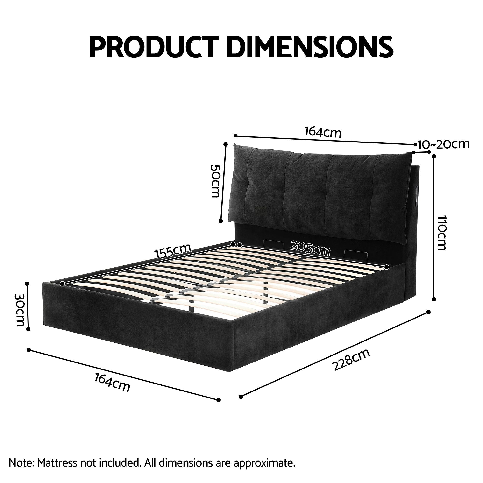 Artiss Queen Bed Frame with Horizontal Gas Lift Storage with LED Light USB Type-C Charging Station Black BFRAME-H-HYDE-Q-BK-ABCD