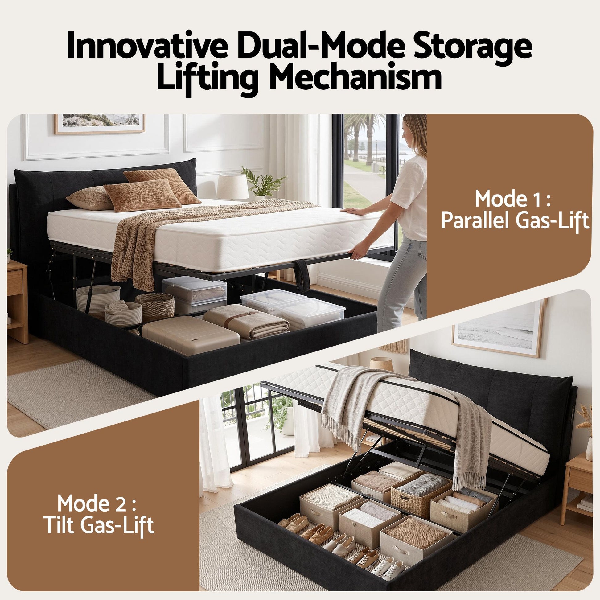 Artiss Queen Bed Frame with Horizontal Gas Lift Storage with LED Light USB Type-C Charging Station Black BFRAME-H-HYDE-Q-BK-ABCD