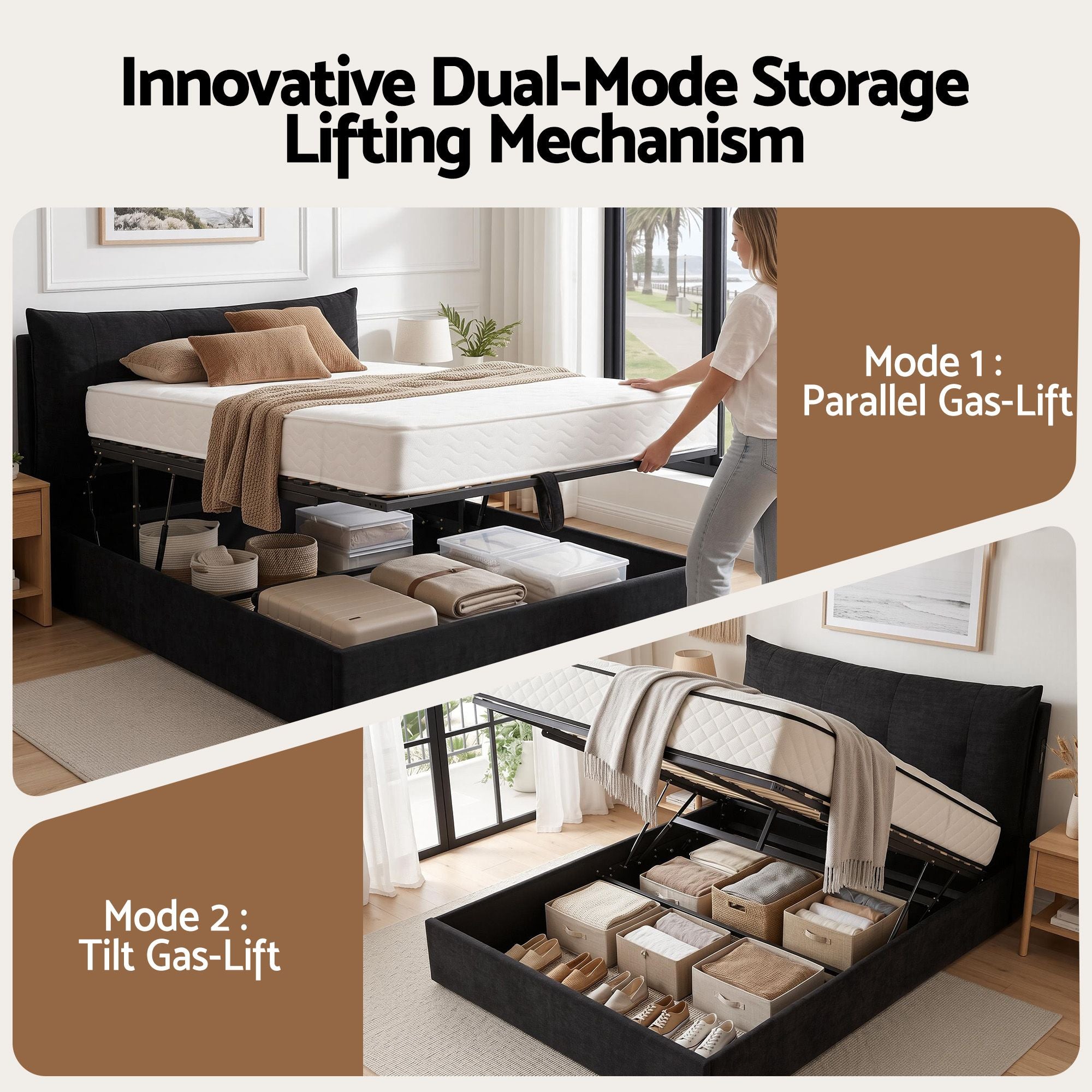 Artiss Queen Bed Frame with Horizontal Gas Lift Storage with LED Light USB Type-C Charging Station Black BFRAME-H-HYDE-Q-BK-ABCD