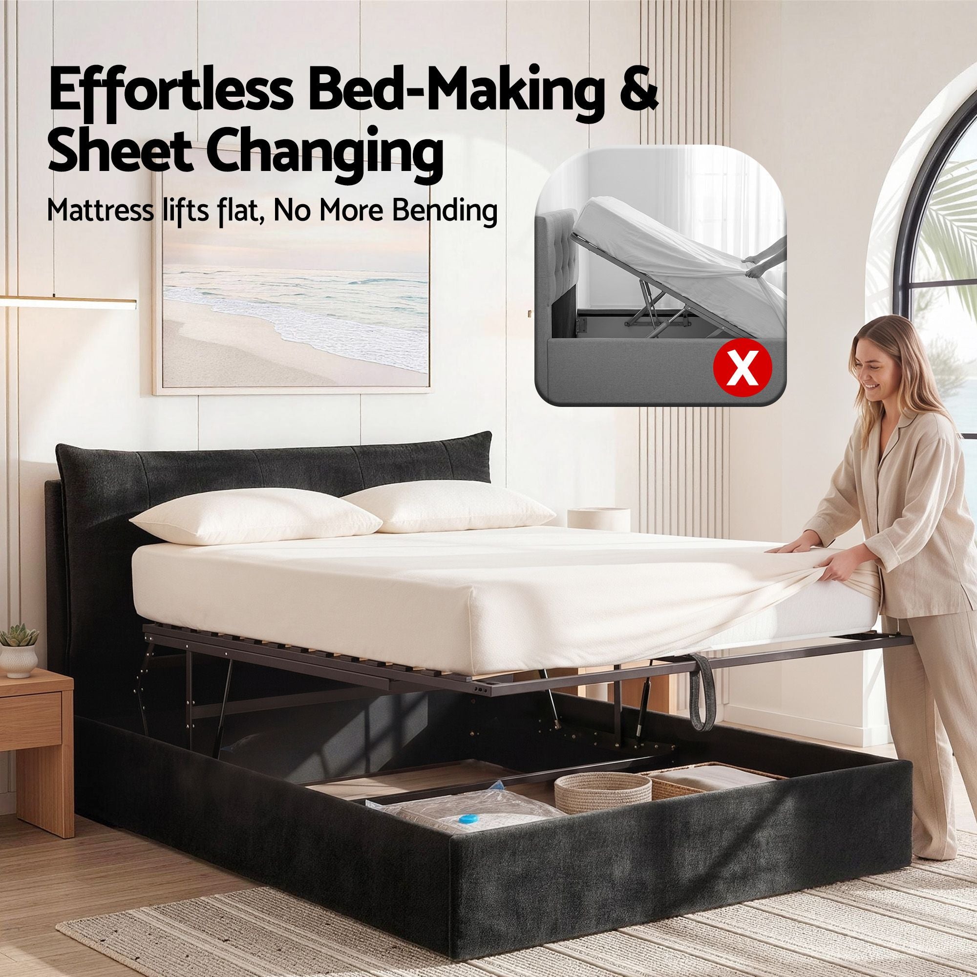 Artiss Queen Bed Frame with Horizontal Gas Lift Storage with LED Light USB Type-C Charging Station Black BFRAME-H-HYDE-Q-BK-ABCD