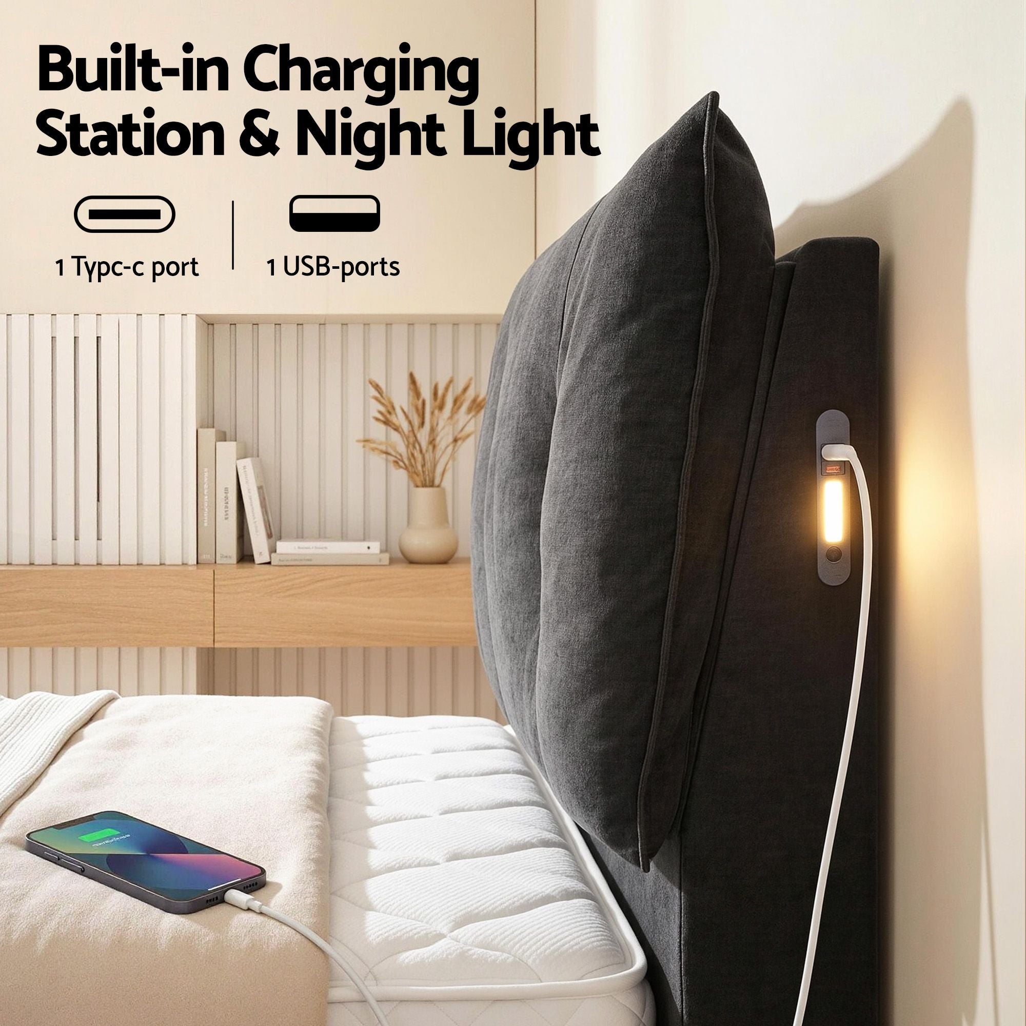 Artiss Queen Bed Frame with Horizontal Gas Lift Storage with LED Light USB Type-C Charging Station Black BFRAME-H-HYDE-Q-BK-ABCD