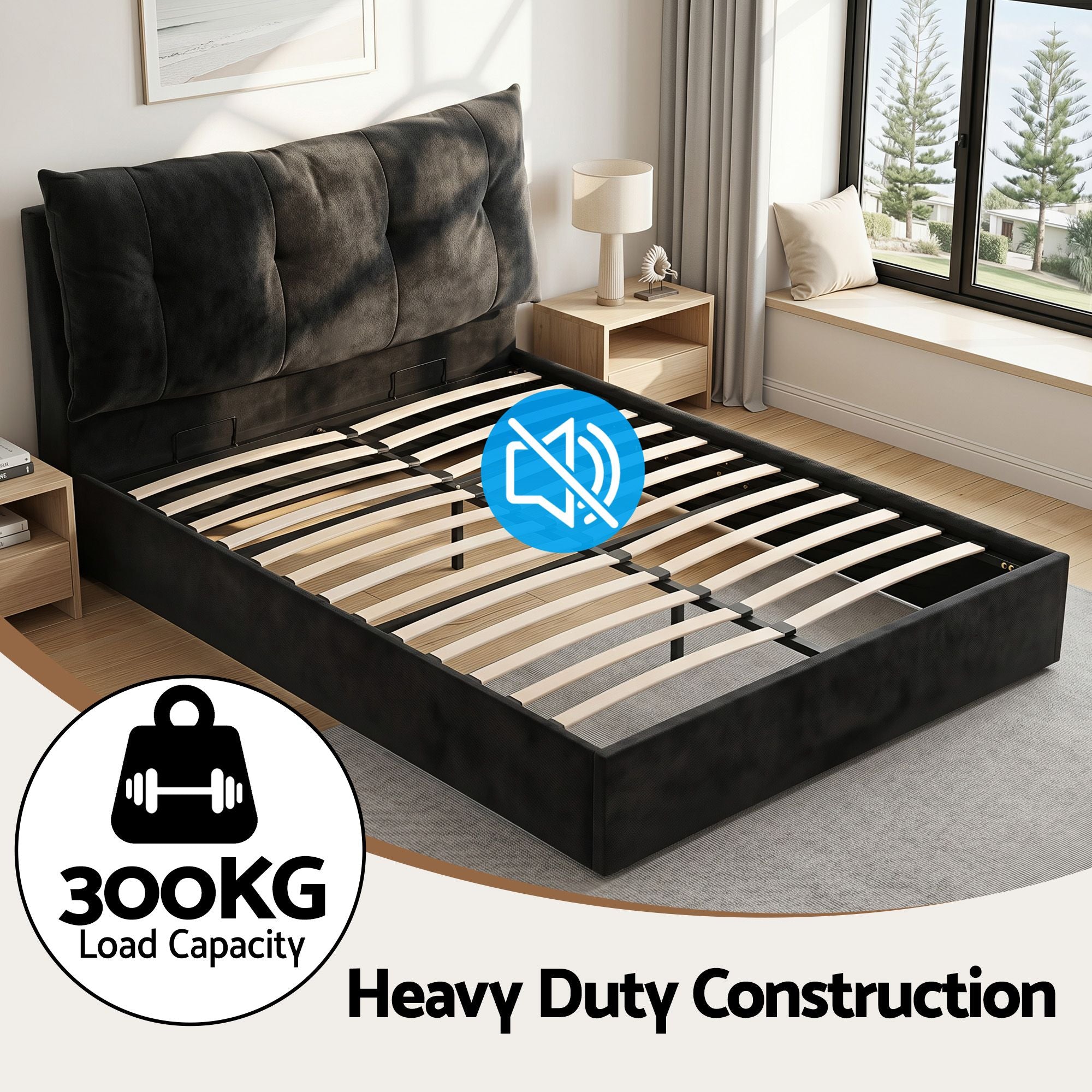 Artiss Queen Bed Frame with Horizontal Gas Lift Storage with LED Light USB Type-C Charging Station Black BFRAME-H-HYDE-Q-BK-ABCD