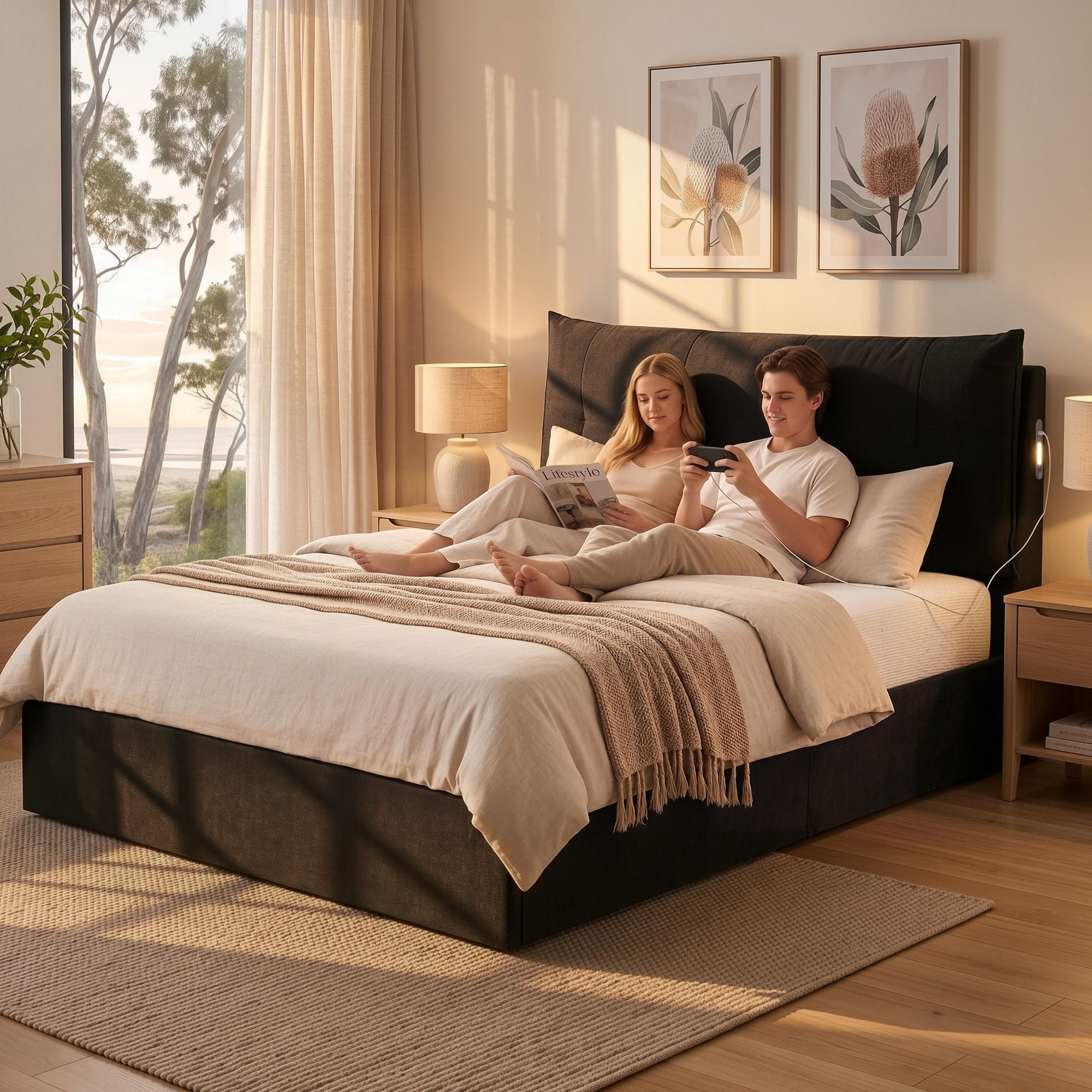 Artiss Queen Bed Frame with Horizontal Gas Lift Storage with LED Light USB Type-C Charging Station Black BFRAME-H-HYDE-Q-BK-ABCD