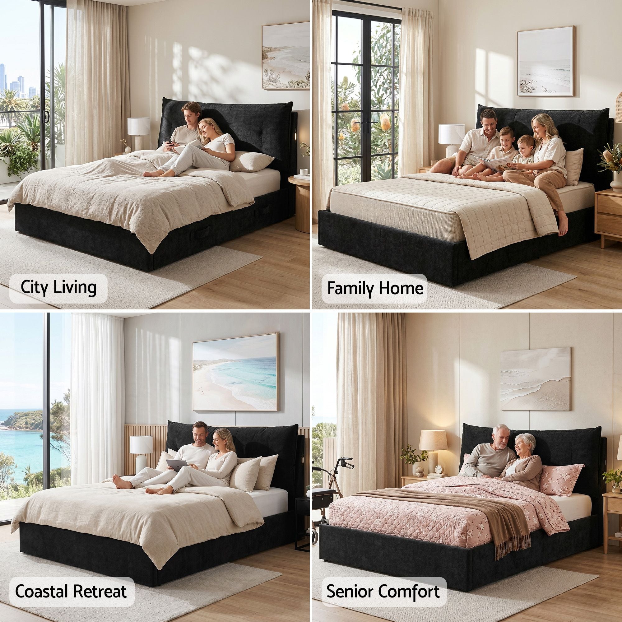 Artiss Queen Bed Frame with Horizontal Gas Lift Storage with LED Light USB Type-C Charging Station Black BFRAME-H-HYDE-Q-BK-ABCD