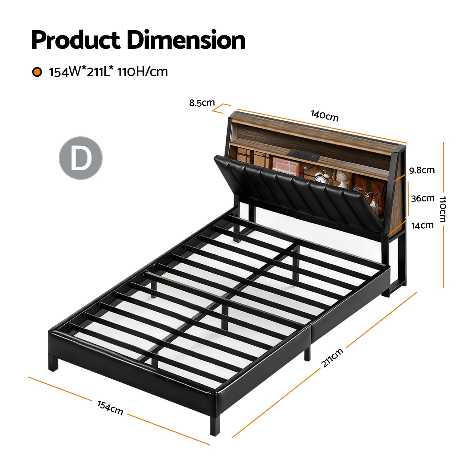 Artiss Double Bed Frame LED Storage Headboard with Charging Station Black BFRAME-H-JINA-D-BK-ABC