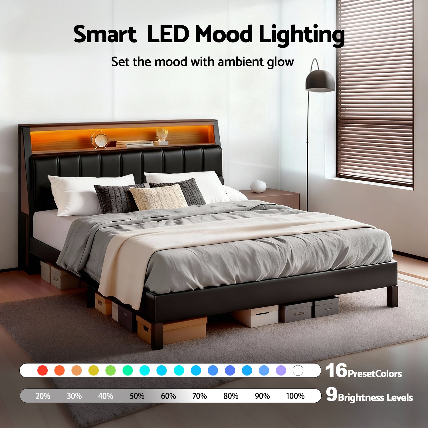 Artiss Double Bed Frame LED Storage Headboard with Charging Station Black BFRAME-H-JINA-D-BK-ABC