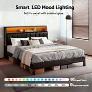 Artiss Double Bed Frame LED Storage Headboard with Charging Station Black