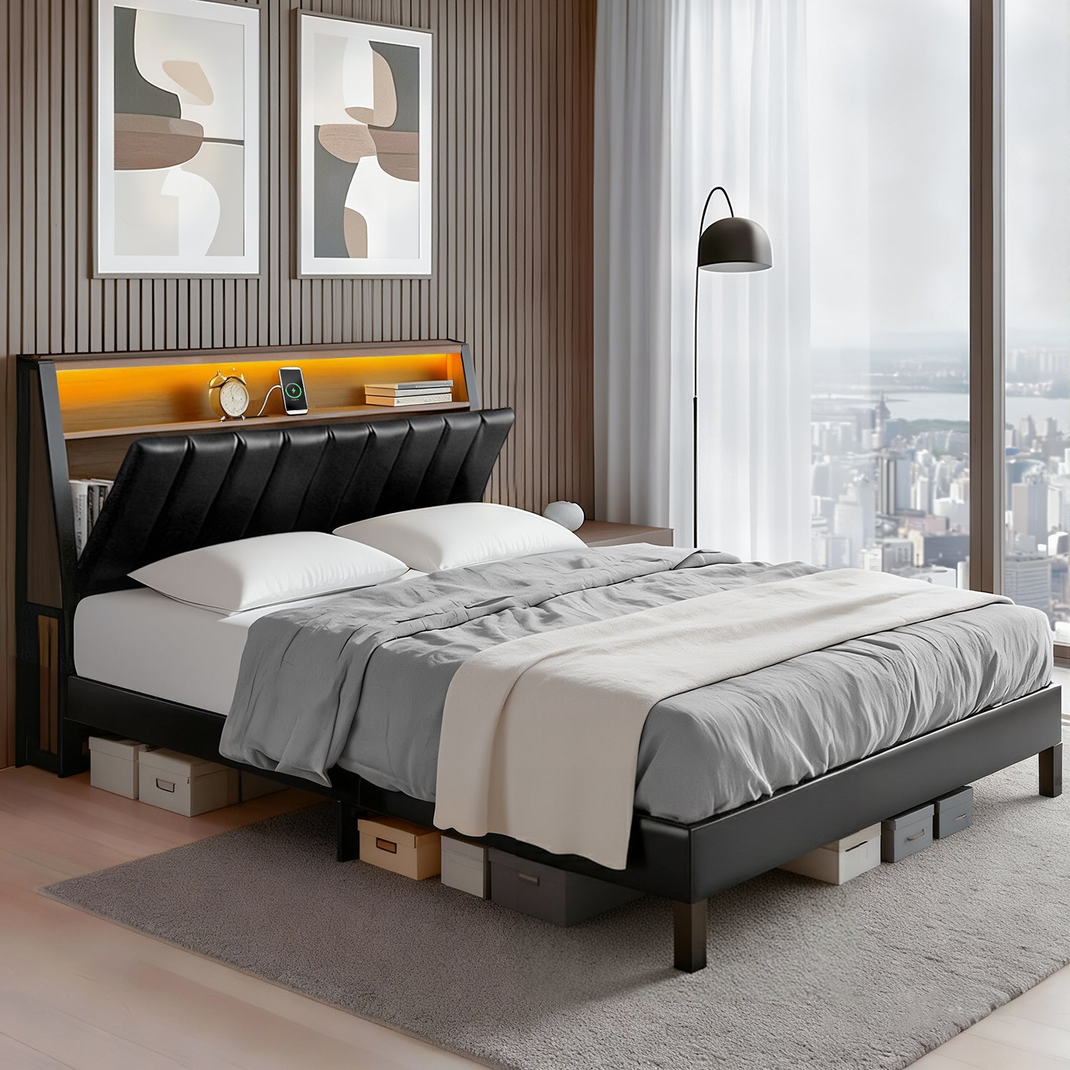 Artiss Double Bed Frame LED Storage Headboard with Charging Station Black BFRAME-H-JINA-D-BK-ABC