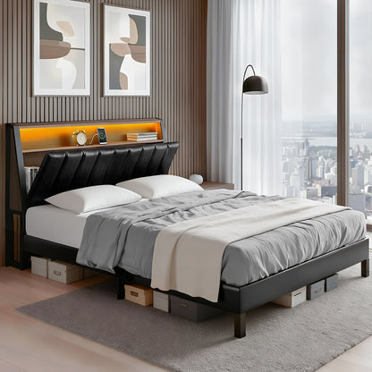 Artiss Double Bed Frame LED Storage Headboard with Charging Station Black BFRAME-H-JINA-D-BK-ABC