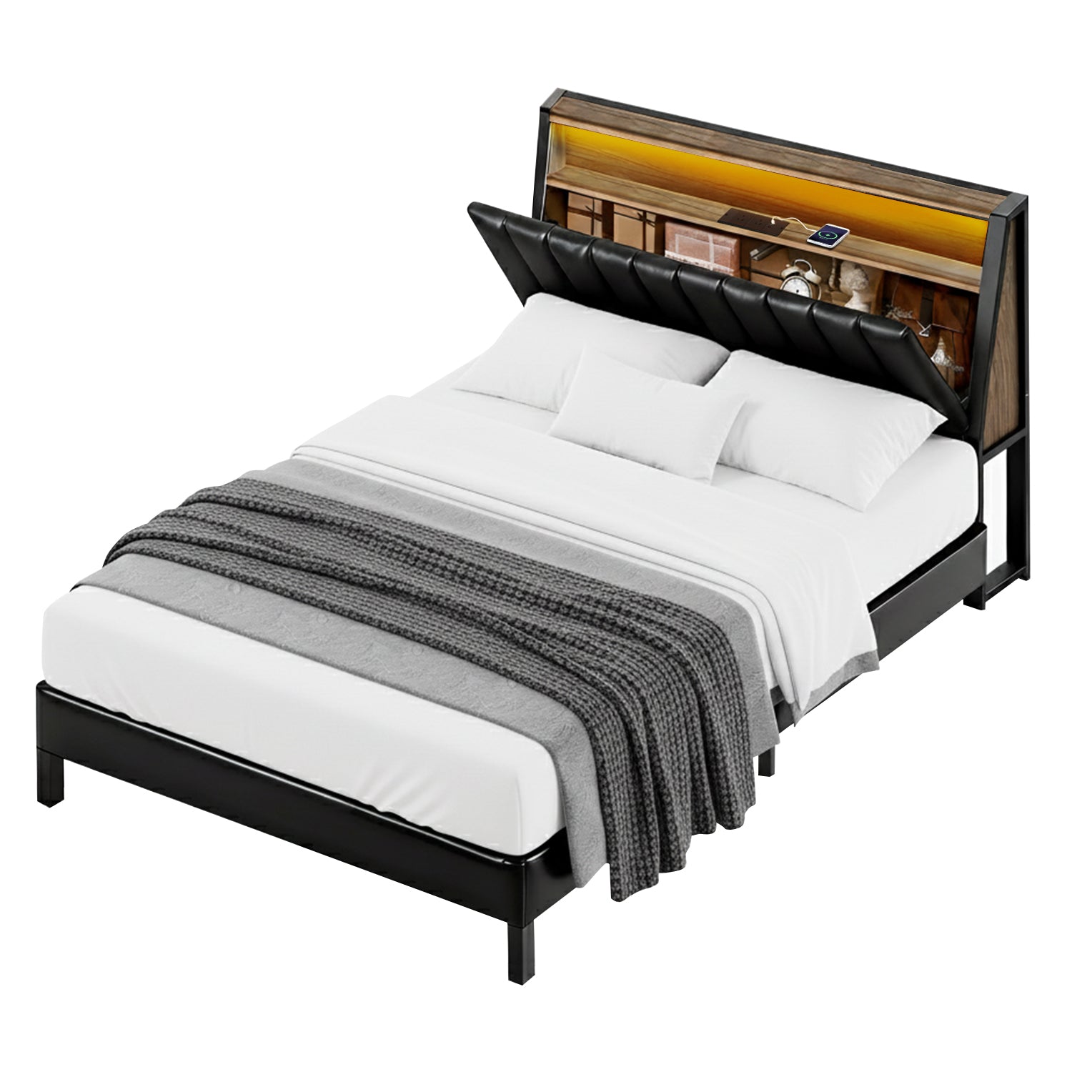 Artiss JINA Queen LED Storage Bed Frame with Charging Station - Black
