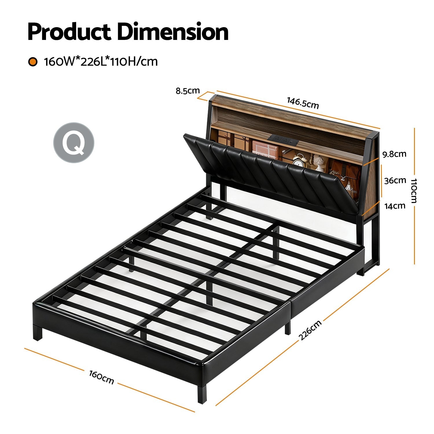 Artiss JINA Queen LED Storage Bed Frame with Charging Station - Black