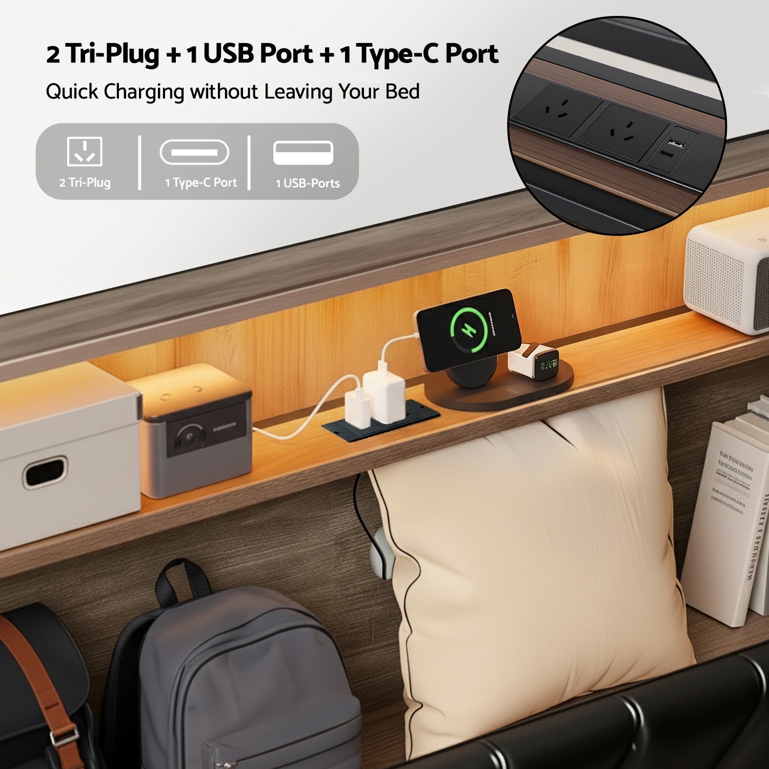 Artiss JINA Queen LED Storage Bed Frame with Charging Station - Black