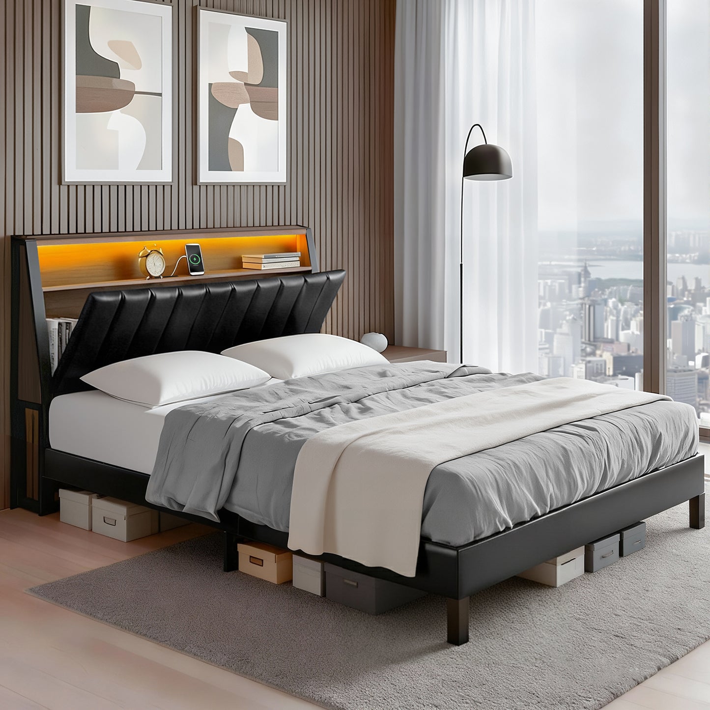Artiss Queen Bed Frame LED Storage Headboard with Charging Station Black BFRAME-H-JINA-Q-BK-ABC