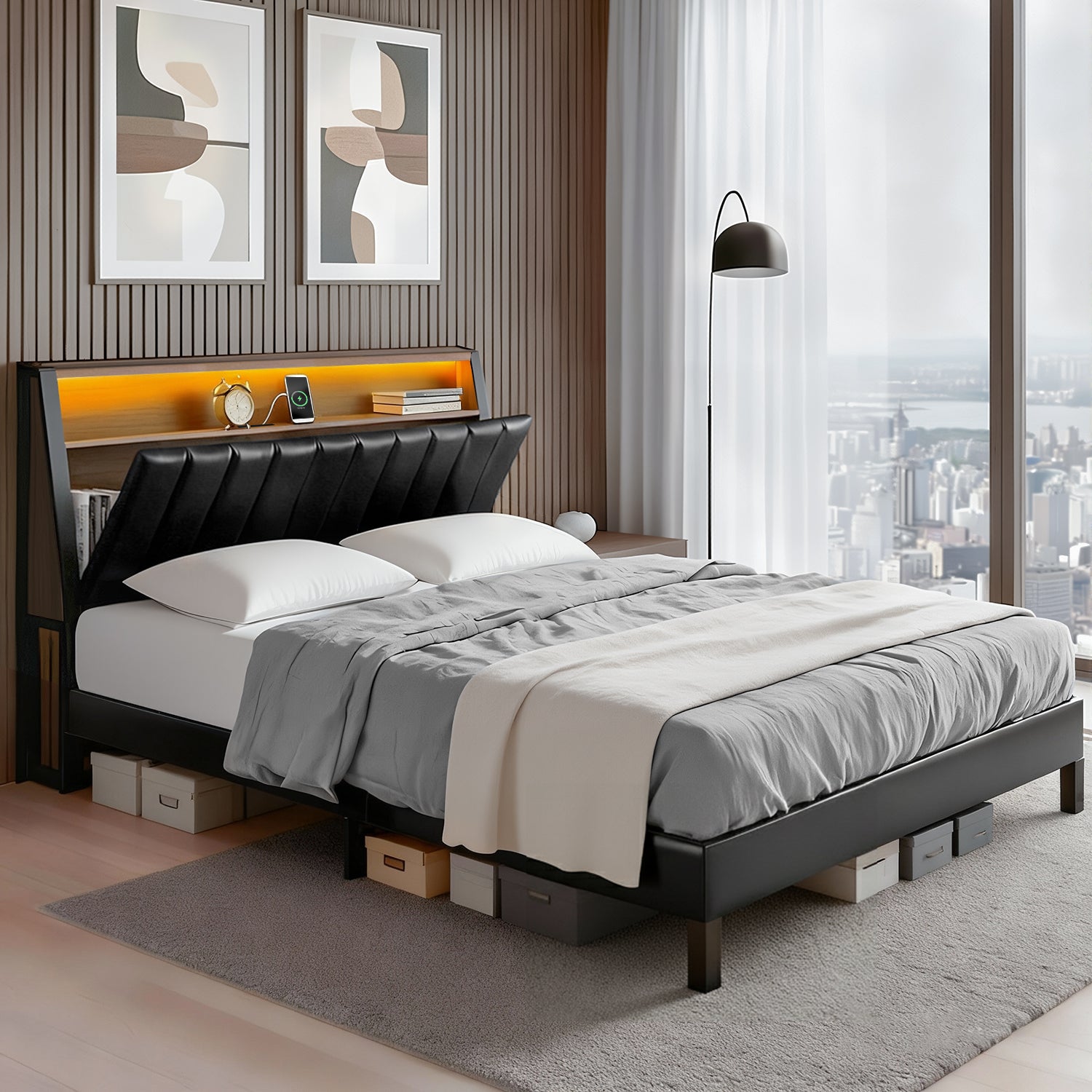 Artiss Queen Bed Frame LED Storage Headboard with Charging Station Black BFRAME-H-JINA-Q-BK-ABC