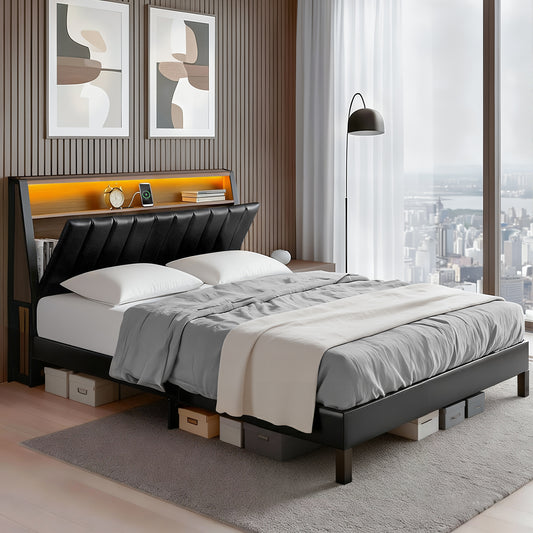 Artiss Queen Bed Frame LED Storage Headboard with Charging Station Black
