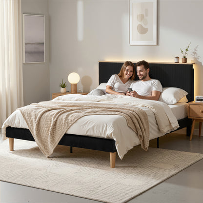Artiss Double Bed Frame Upholstered Adjustable Headboard Mood Lighting Heavy Duty Black Velvet BFRAME-H-ROYCE-D-BK-AB