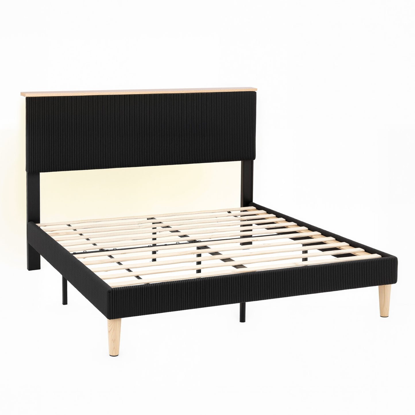 Artiss Double Bed Frame Upholstered Adjustable Headboard Mood Lighting Heavy Duty Black Velvet BFRAME-H-ROYCE-D-BK-AB