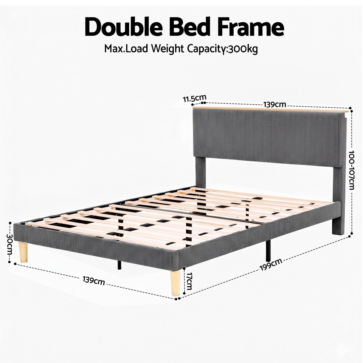 Artiss Double Bed Frame Upholstered Adjustable Headboard Mood Lighting Heavy Duty Grey Velvet BFRAME-H-ROYCE-D-GY-AB