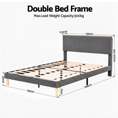 Artiss Double Bed Frame Upholstered Adjustable Headboard Mood Lighting Heavy Duty Grey Velvet BFRAME-H-ROYCE-D-GY-AB