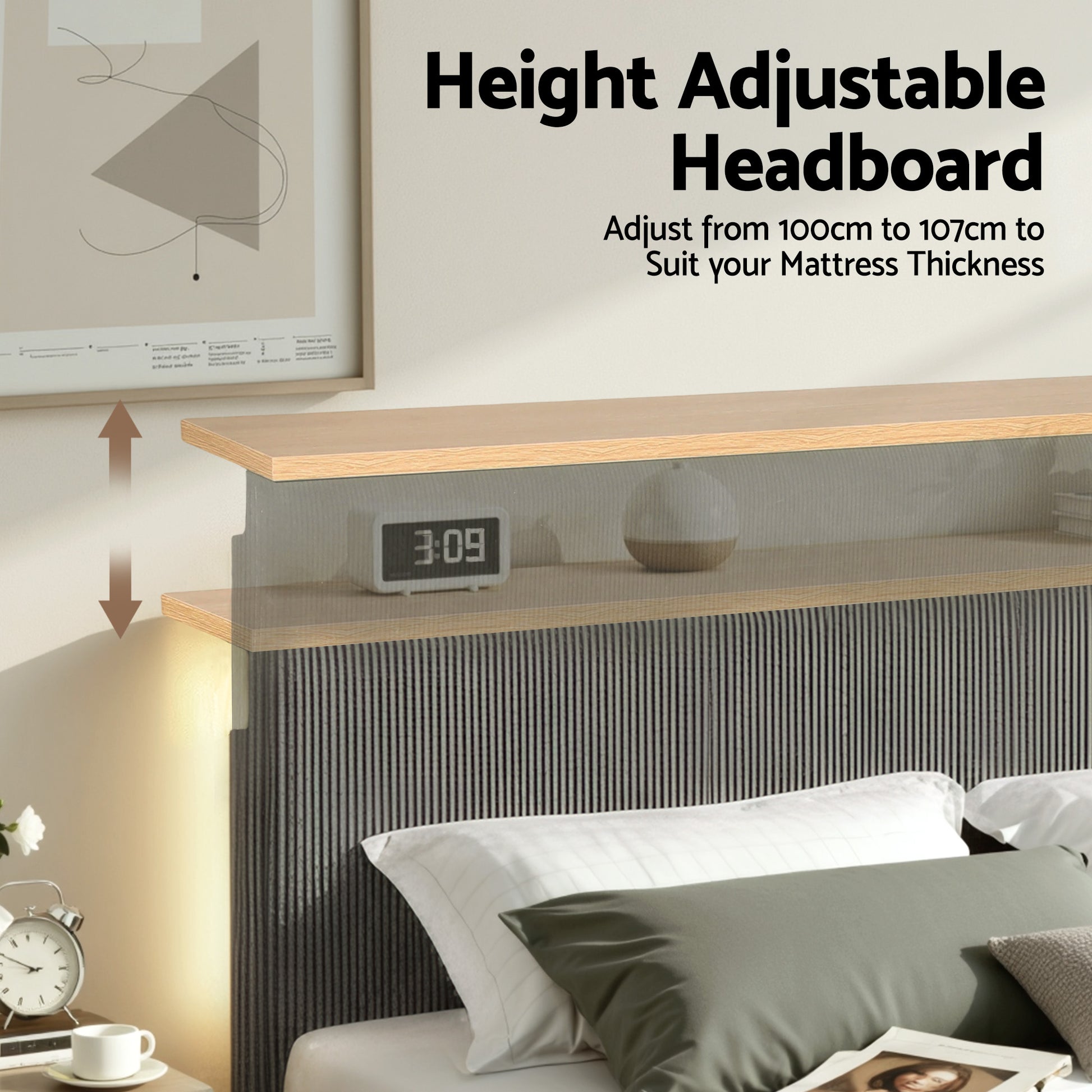 Artiss Double Bed Frame Upholstered Adjustable Headboard Mood Lighting Heavy Duty Grey Velvet BFRAME-H-ROYCE-D-GY-AB