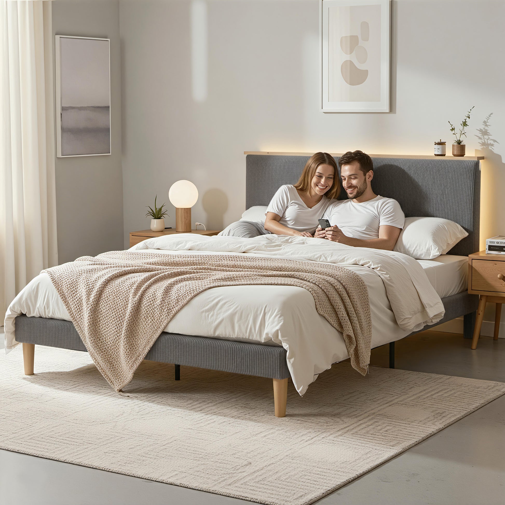 Artiss Double Bed Frame Upholstered Adjustable Headboard Mood Lighting Heavy Duty Grey Velvet BFRAME-H-ROYCE-D-GY-AB