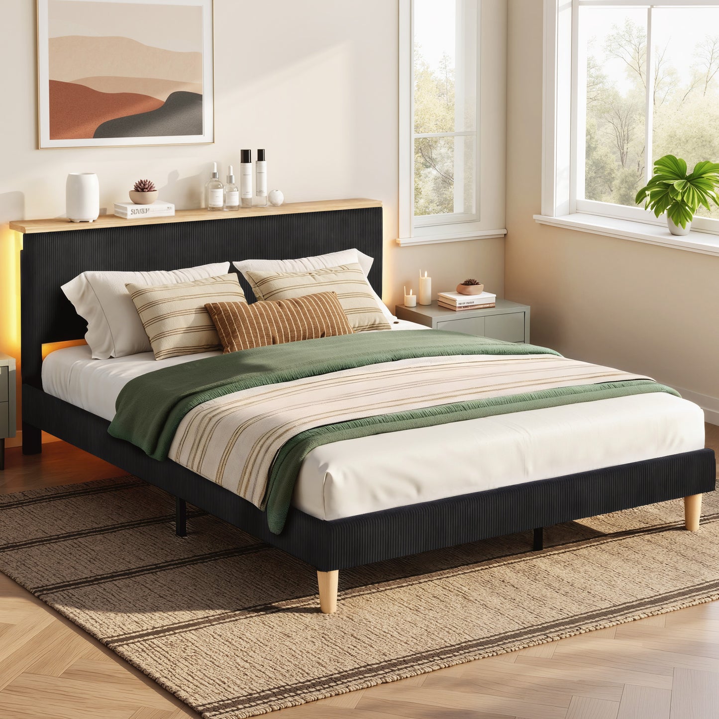 Artiss Queen Bed Frame Upholstered Adjustable Headboard Mood Lighting Heavy Duty Black Velvet BFRAME-H-ROYCE-Q-BK-AB