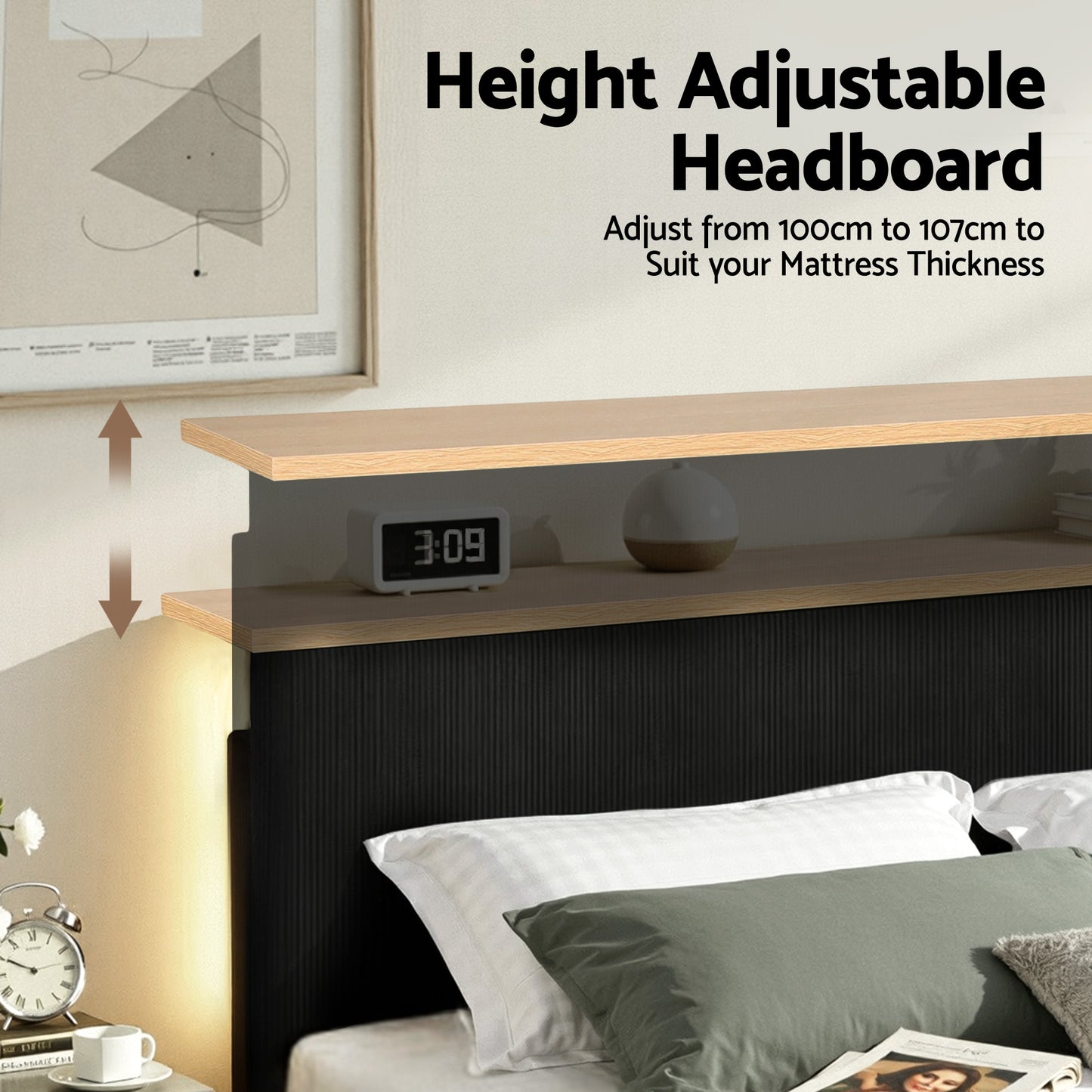 Artiss Queen Bed Frame Upholstered Adjustable Headboard Mood Lighting Heavy Duty Black Velvet BFRAME-H-ROYCE-Q-BK-AB