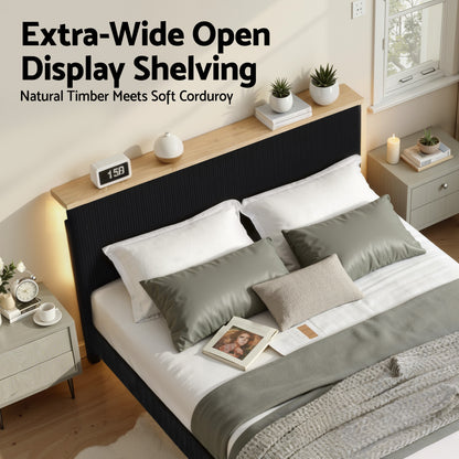 Artiss Queen Bed Frame Upholstered Adjustable Headboard Mood Lighting Heavy Duty Black Velvet BFRAME-H-ROYCE-Q-BK-AB
