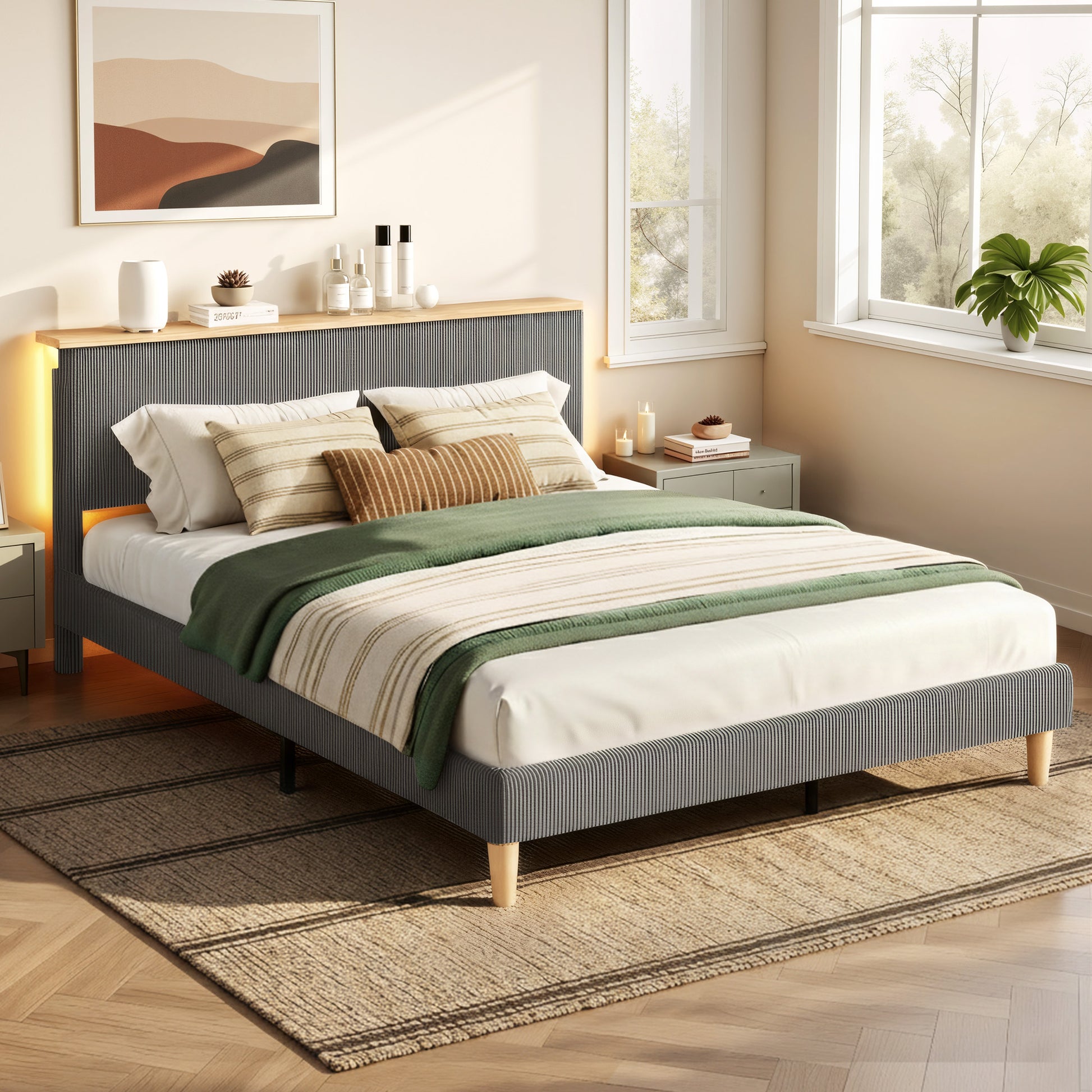 Artiss Queen Bed Frame Upholstered Adjustable Headboard Mood Lighting Heavy Duty Grey Velvet BFRAME-H-ROYCE-Q-GY-AB