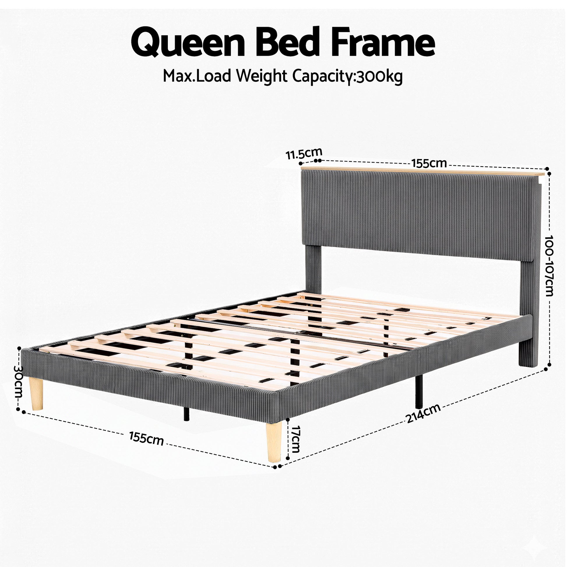 Artiss Queen Bed Frame Upholstered Adjustable Headboard Mood Lighting Heavy Duty Grey Velvet BFRAME-H-ROYCE-Q-GY-AB