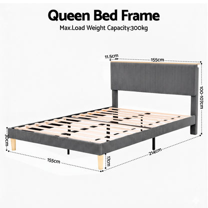 Artiss Queen Bed Frame Upholstered Adjustable Headboard Mood Lighting Heavy Duty Grey Velvet BFRAME-H-ROYCE-Q-GY-AB