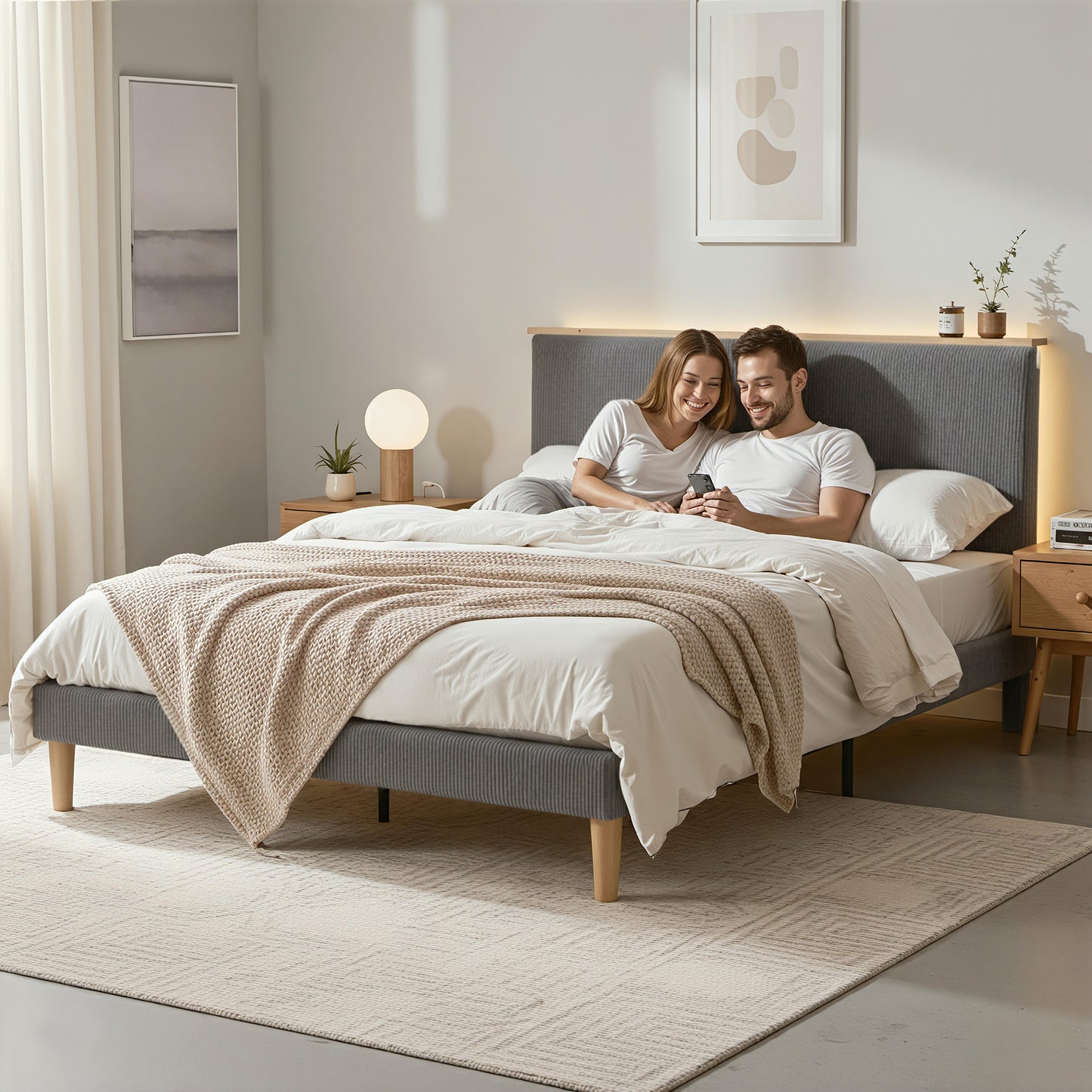 Artiss Queen Bed Frame Upholstered Adjustable Headboard Mood Lighting Heavy Duty Grey Velvet BFRAME-H-ROYCE-Q-GY-AB