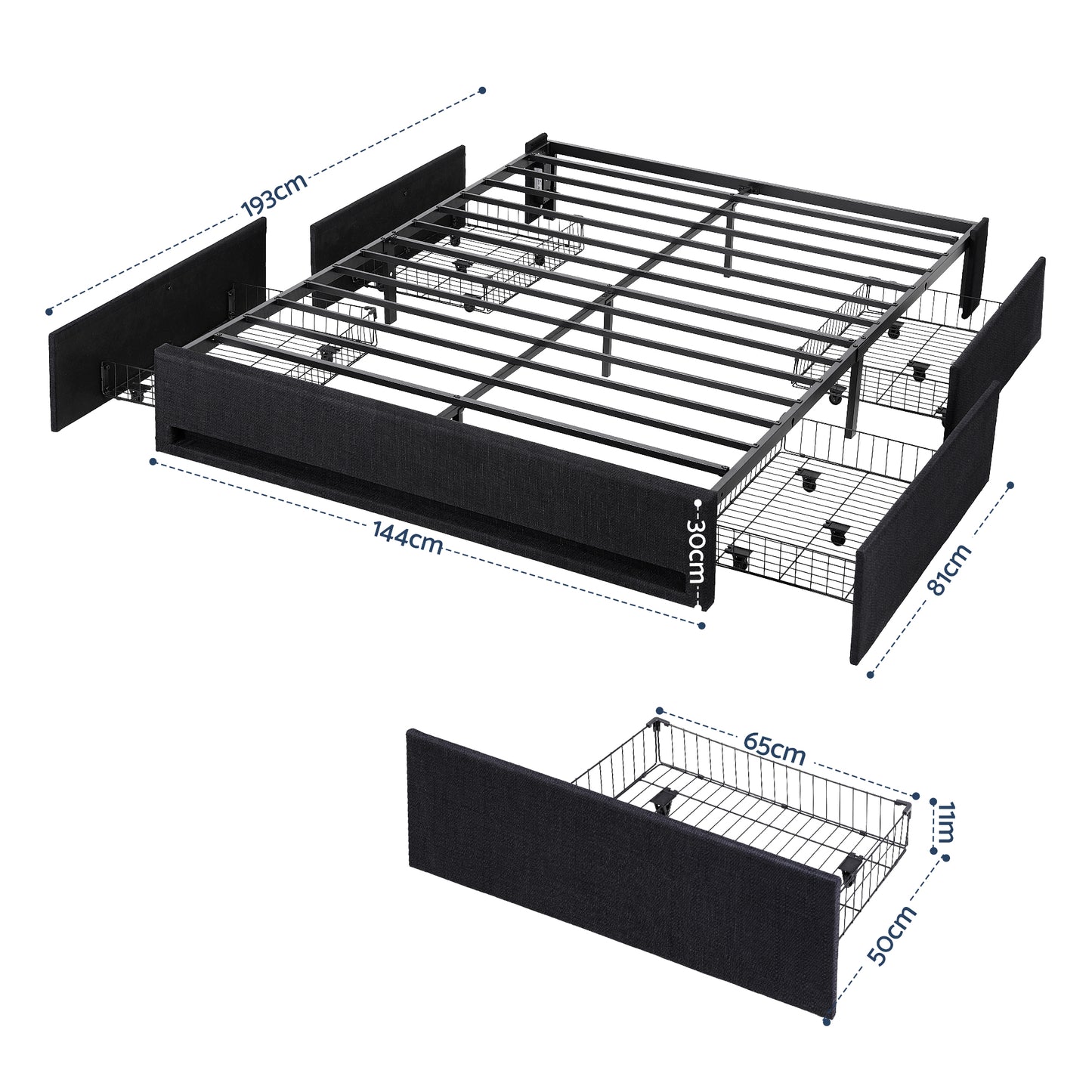 Artiss Double Bed Frame with Storage Drawers RGB Lights Charging Station Upholstered Fabric BFRAME-H-ZENO-D-BK-ABC