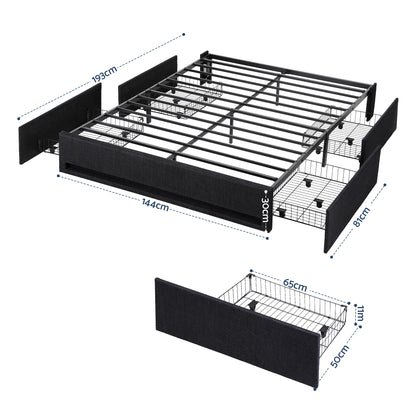 Artiss Double Bed Frame with Storage Drawers RGB Lights Charging Station Upholstered Fabric BFRAME-H-ZENO-D-BK-ABC