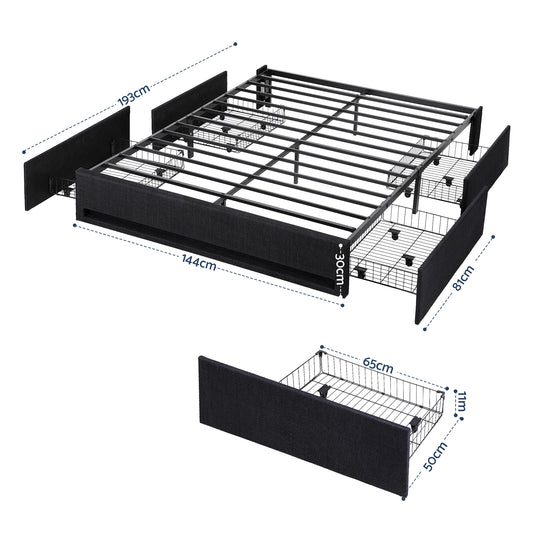 Artiss Double Bed Frame with Storage Drawers RGB Lights Charging Station Upholstered Fabric BFRAME-H-ZENO-D-BK-ABC