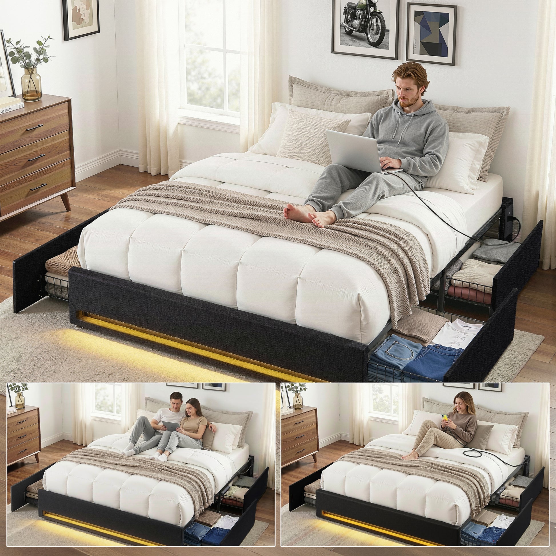 Artiss Double Bed Frame with Storage Drawers RGB Lights Charging Station Upholstered Fabric BFRAME-H-ZENO-D-BK-ABC
