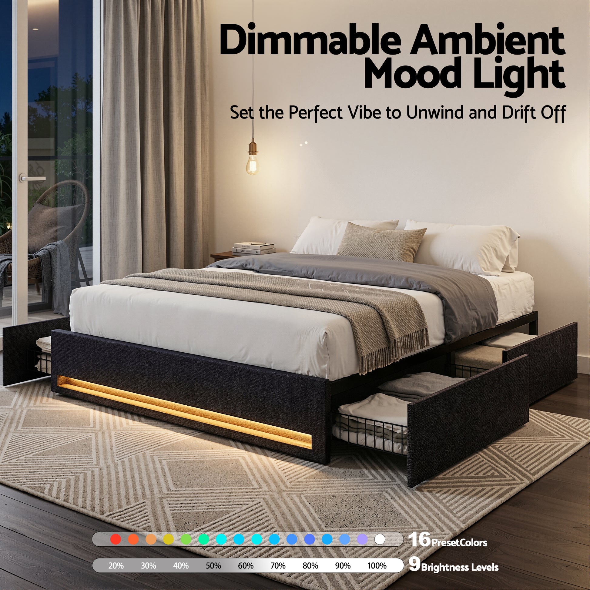 Artiss Double Bed Frame with Storage Drawers RGB Lights Charging Station Upholstered Fabric BFRAME-H-ZENO-D-BK-ABC
