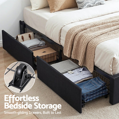 Artiss Double Bed Frame with Storage Drawers RGB Lights Charging Station Upholstered Fabric BFRAME-H-ZENO-D-BK-ABC