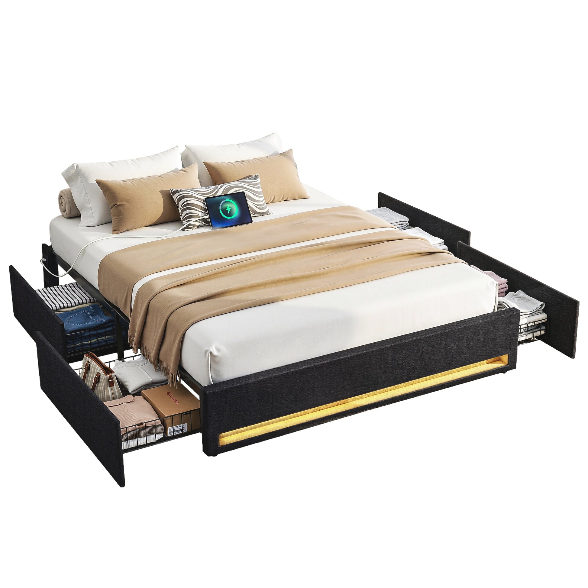 Artiss Double Bed Frame with Storage Drawers RGB Lights Charging Station Upholstered Fabric BFRAME-H-ZENO-D-BK-ABC