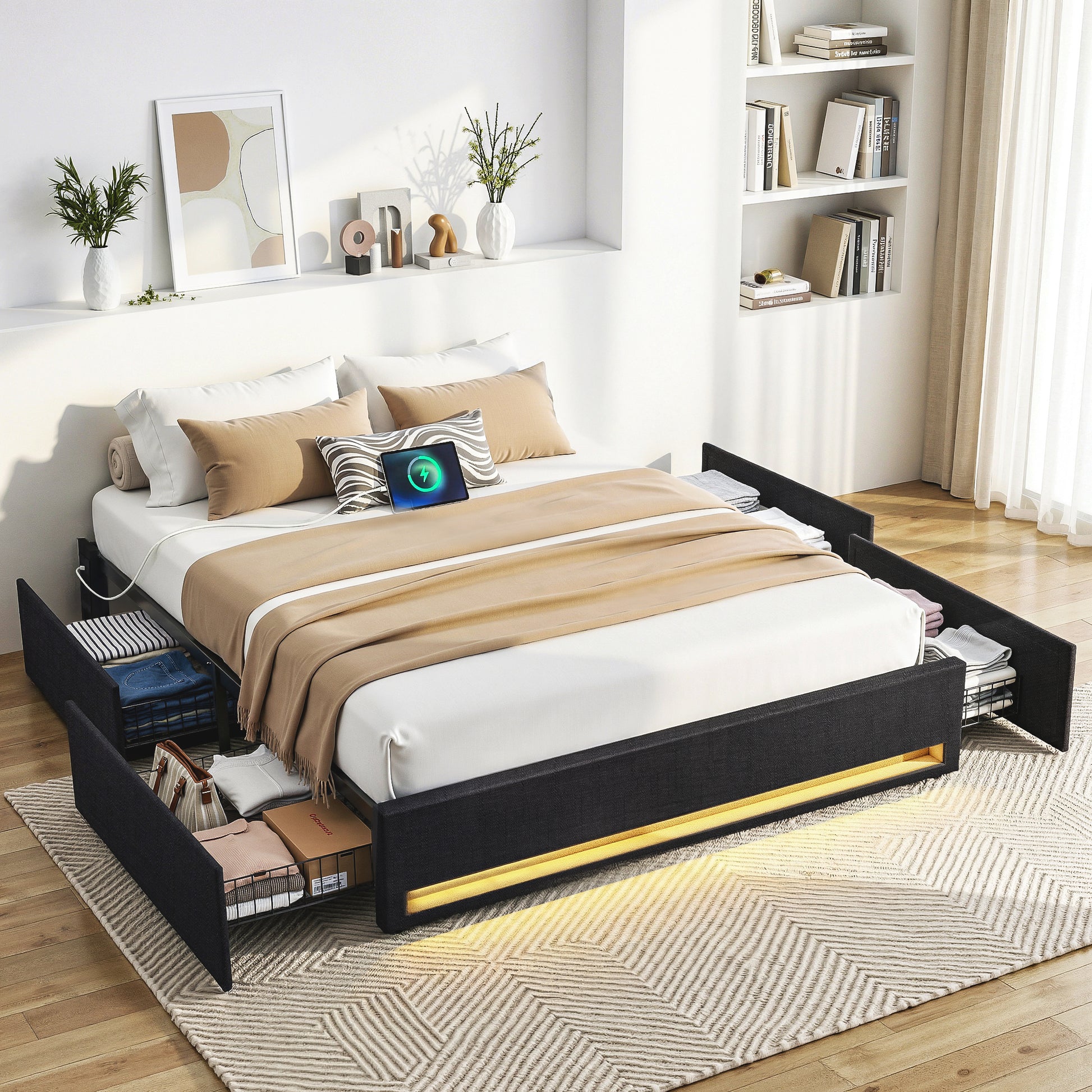 Artiss Queen Bed Frame with Storage Drawers RGB Lights Charging Station Upholstered Fabric BFRAME-H-ZENO-Q-BK-ABC