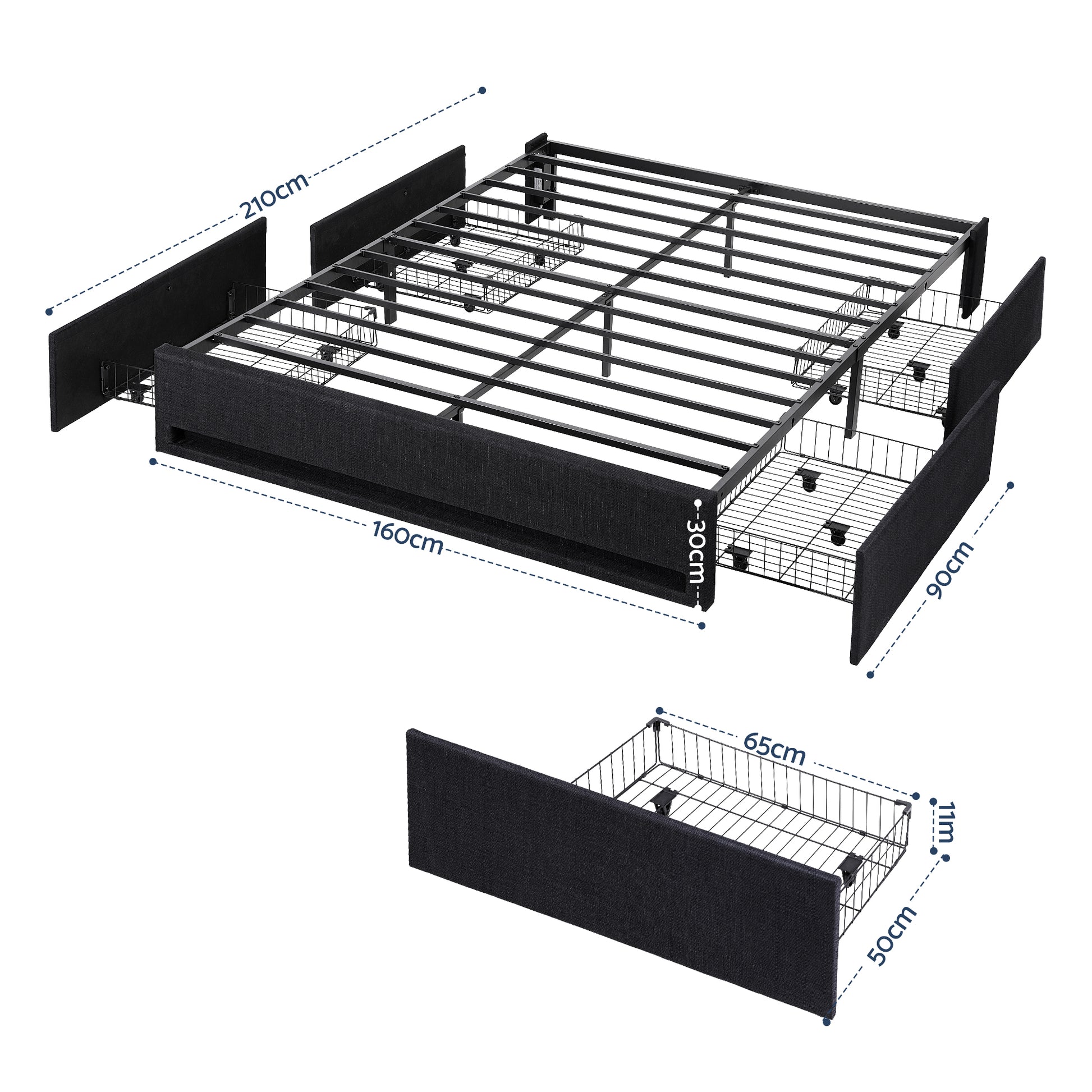 Artiss Queen Bed Frame with Storage Drawers RGB Lights Charging Station Upholstered Fabric BFRAME-H-ZENO-Q-BK-ABC