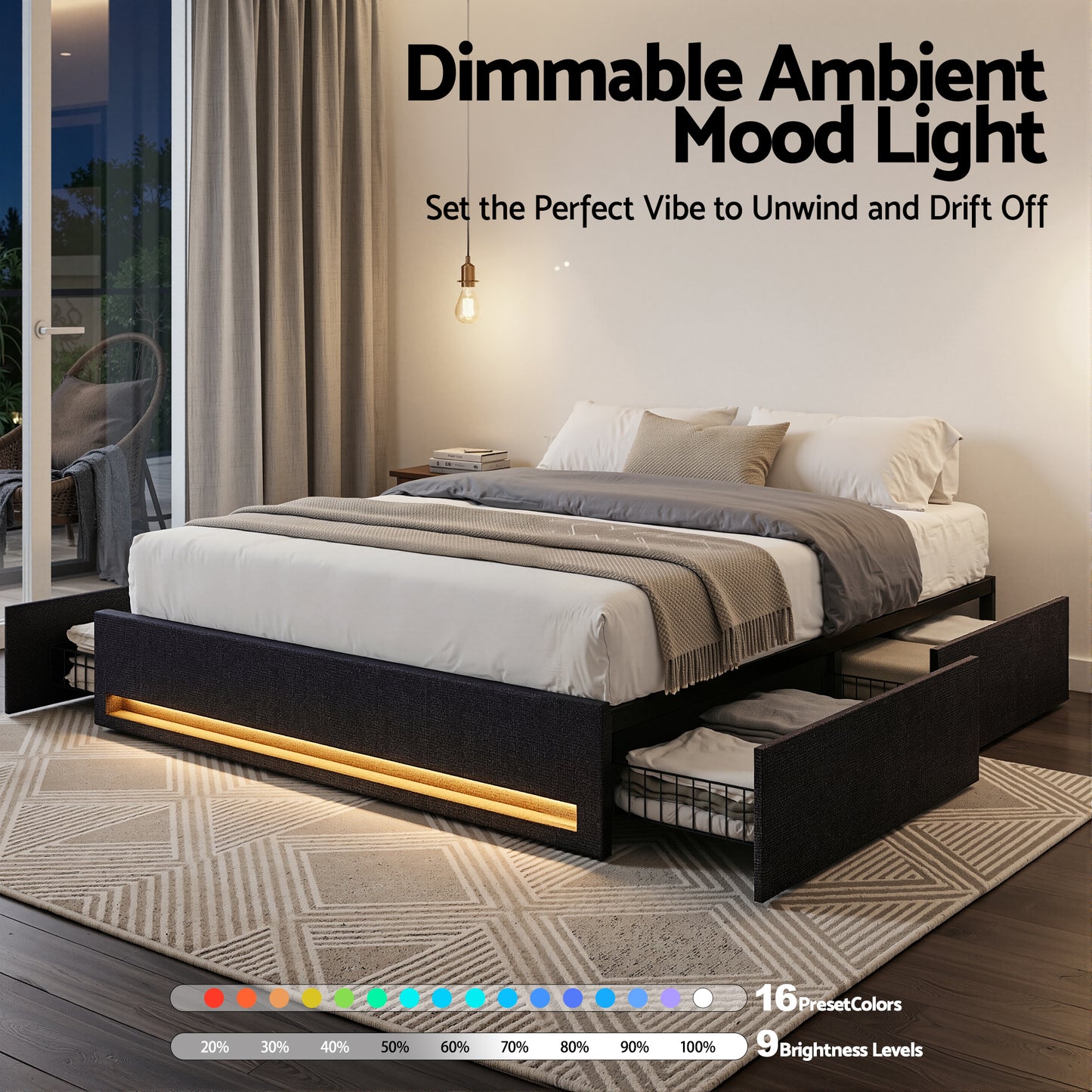 Artiss Queen Bed Frame with Storage Drawers RGB Lights Charging Station Upholstered Fabric BFRAME-H-ZENO-Q-BK-ABC