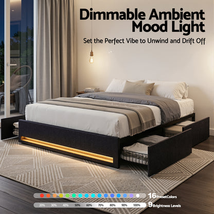 Artiss Queen Bed Frame with Storage Drawers RGB Lights Charging Station Upholstered Fabric BFRAME-H-ZENO-Q-BK-ABC