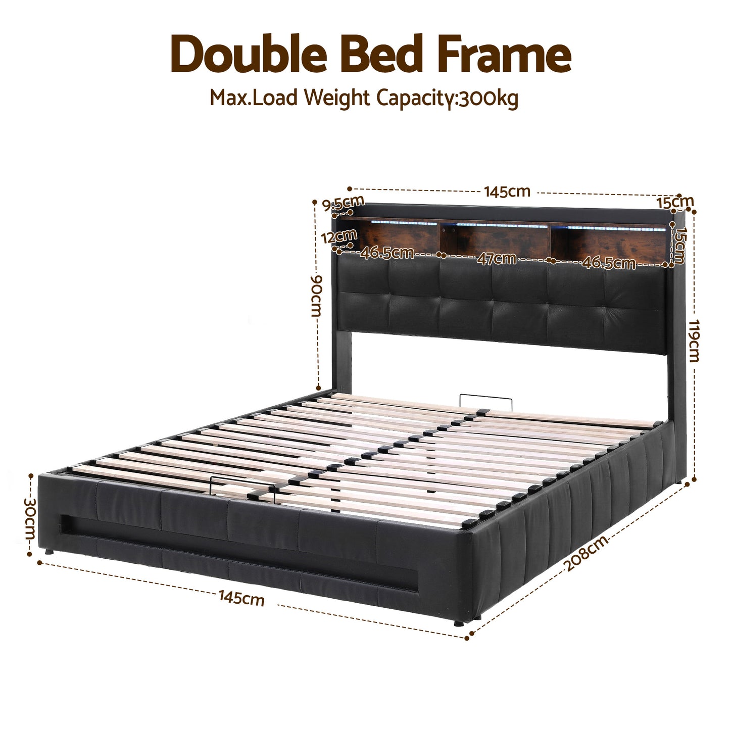 Artiss Double Bed Frame with Gas Lift Storage LED Lights Charging Station Headboard with Open Shelf BFRAME-I-POLA-D-BK-ABC