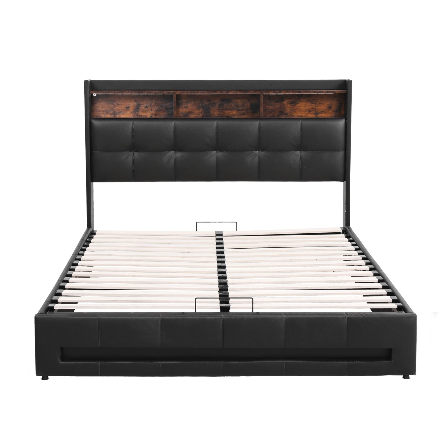 Artiss Double Bed Frame with Gas Lift Storage LED Lights Charging Station Headboard with Open Shelf BFRAME-I-POLA-D-BK-ABC
