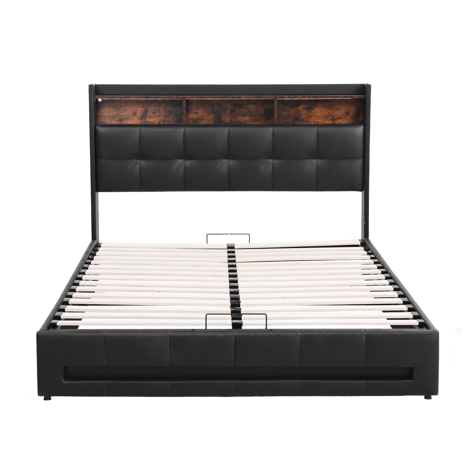 Artiss Double Bed Frame with Gas Lift Storage LED Lights Charging Station Headboard with Open Shelf BFRAME-I-POLA-D-BK-ABC
