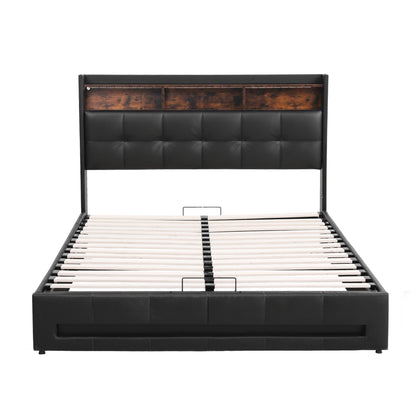 Artiss Double Bed Frame with Gas Lift Storage LED Lights Charging Station Headboard with Open Shelf BFRAME-I-POLA-D-BK-ABC