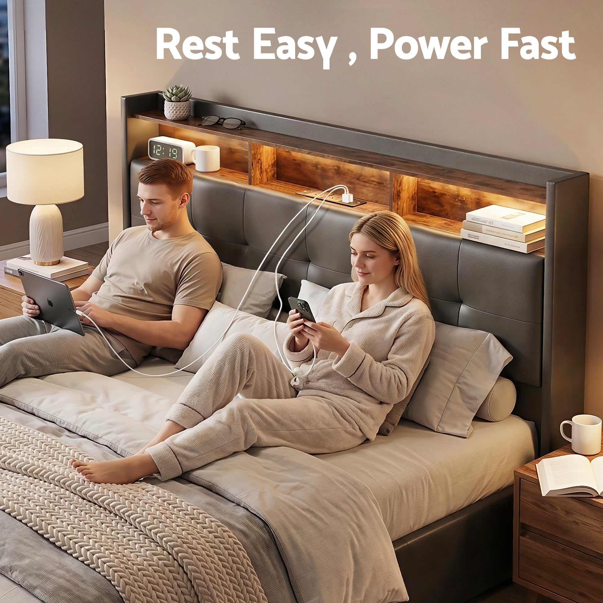 Artiss Double Bed Frame with Gas Lift Storage LED Lights Charging Station Headboard with Open Shelf BFRAME-I-POLA-D-BK-ABC
